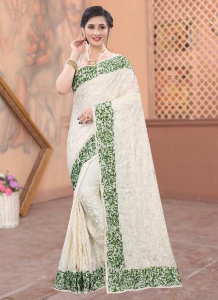 Dark Green And Off White NARI PANETAR Festive Wear Heavy Resham Embroidery Work Stylish Saree Collection 5115